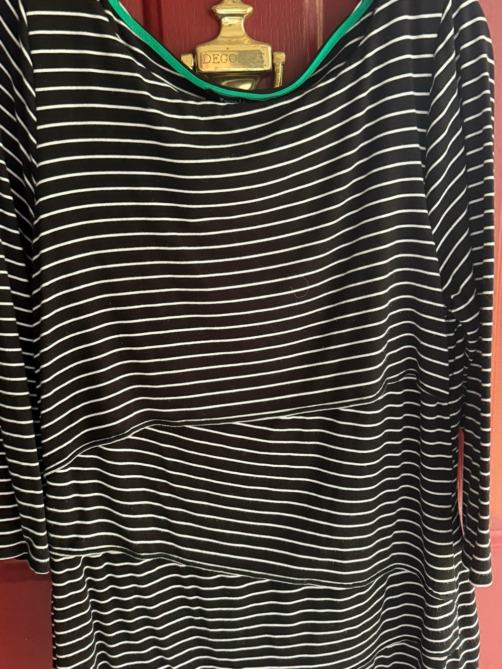 White House Black Market Black & White Striped Midi Dress with Green Trim